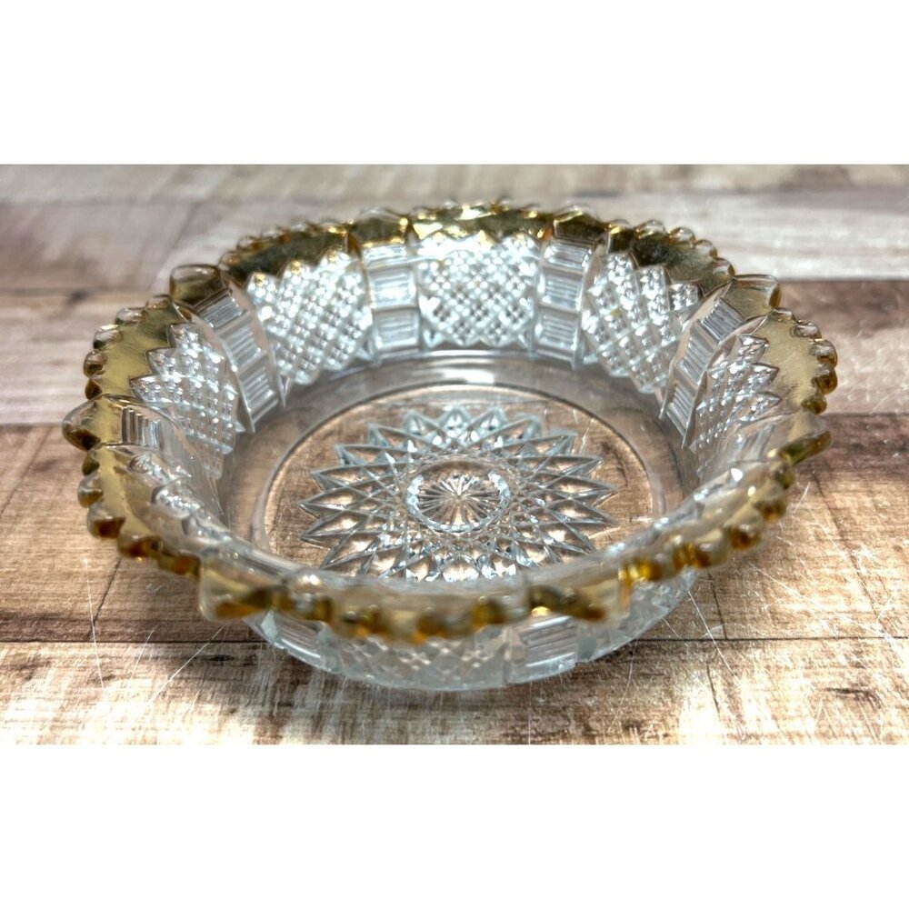 Vintage Clear Glass Bowl With Gold Rim & Intricate Starburst Design